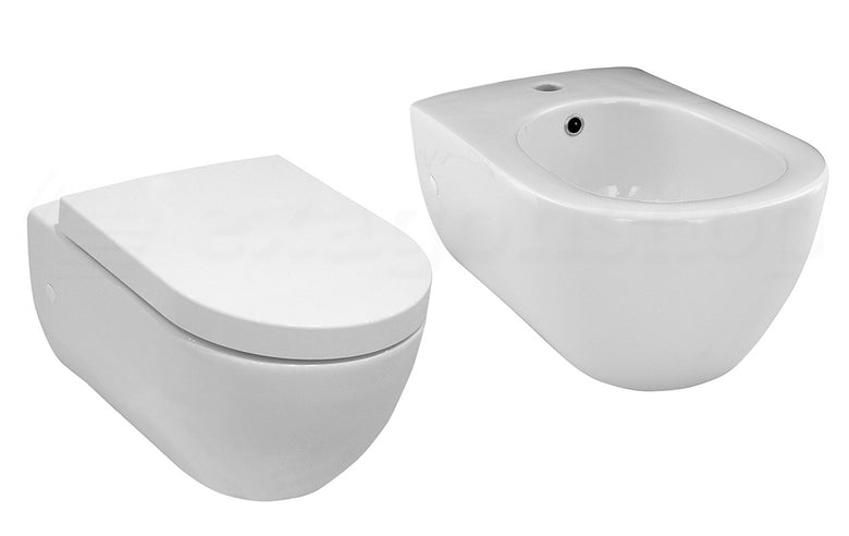 Coppia sanitari sospesi bidet e vaso con sedile rallentato Bianca Lucida, vista laterale del profilo e della forma