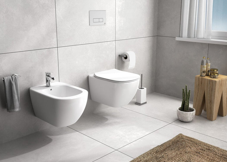 Ideal Standard Coppia sanitari sospesi vaso rimless e bidet visto dall'alto con scarico e interno visibili