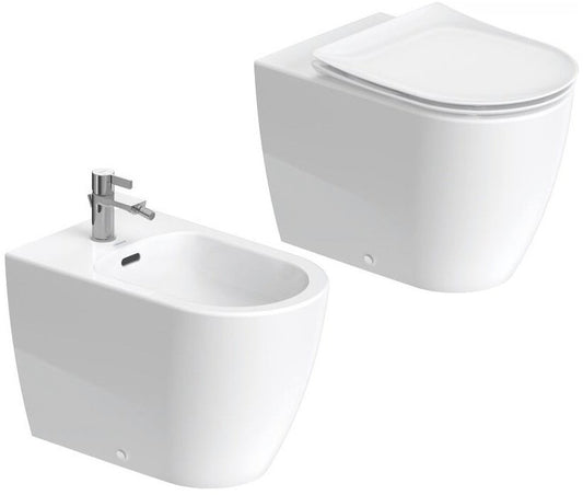 Coppia sanitari vaso e bidet filo muro a pavimento senza brida con sedile soft close bianco Soleil Duravit