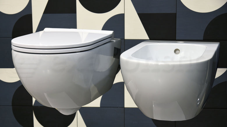 Cielo Enjoy Coppia Sanitari Sospesi a filoparete Bidet e, vista frontale su sfondo bianco