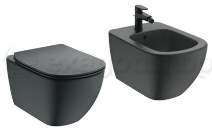 Ideal Standard Tesi coppia sanitari sospesi Vaso Acquablade e bidet sospeso e Sedile Slim Rallentato Nero opaco