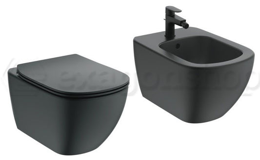 Ideal Standard Tesi coppia sanitari sospesi Vaso Acquablade e bidet sospeso e Sedile Slim Rallentato Nero opaco
