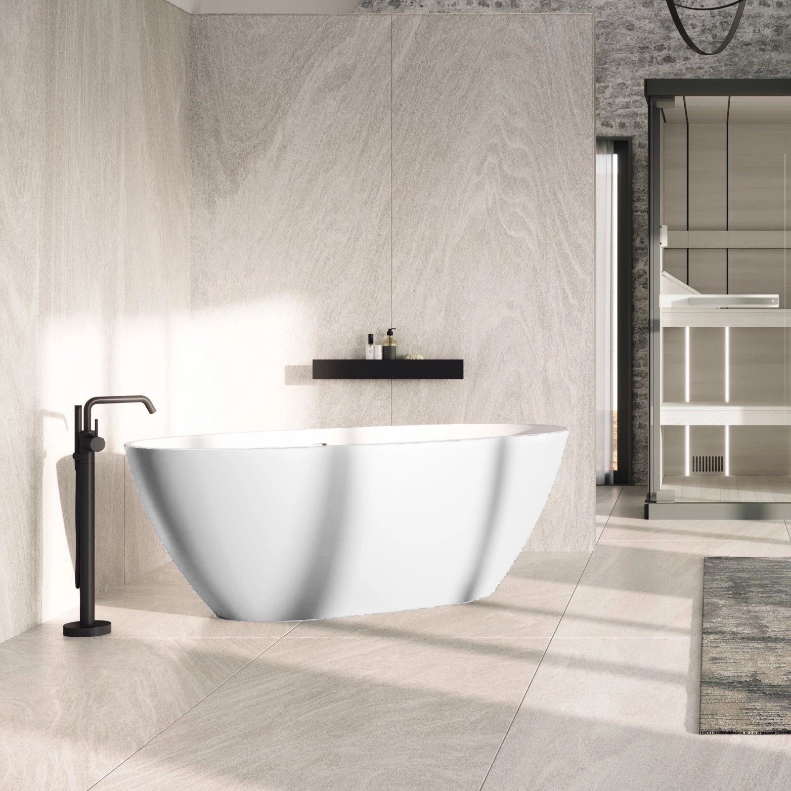 Novellini Sand Vasca 160x78 bianco opaco freestanding con visto dall'alto con superficie e piletta di scarico