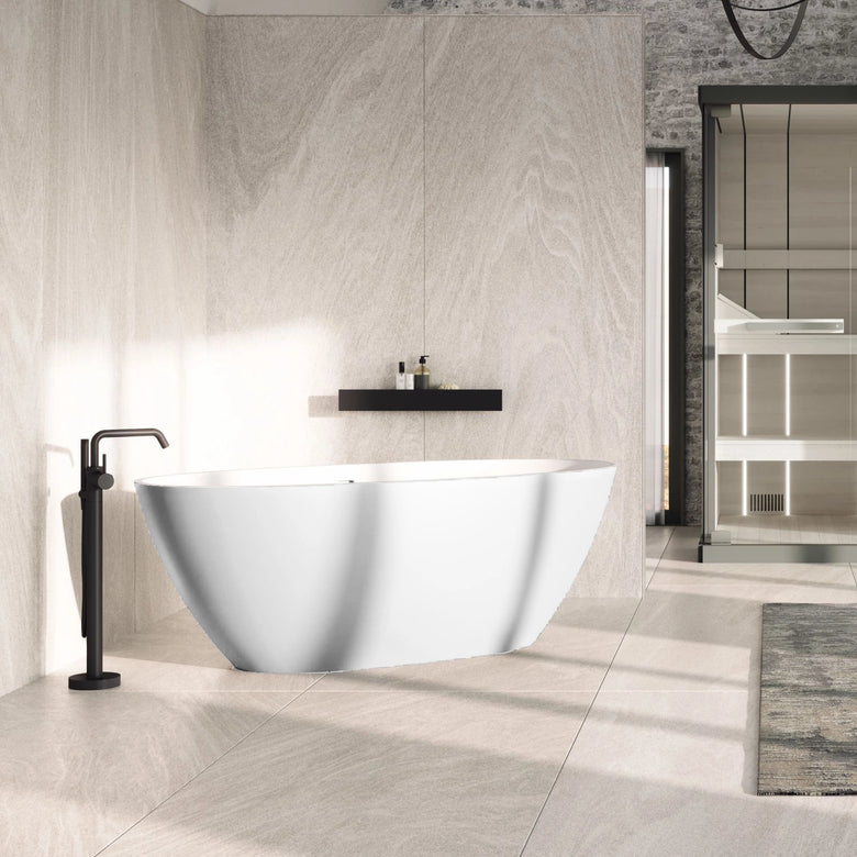 Novellini Sand Vasca 160x78 bianco opaco freestanding con visto dall'alto con superficie e piletta di scarico