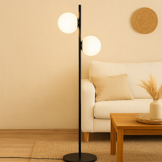 Miloox Jugen black edition lampada a pavimento vetro soffiato bianco e montatura nera