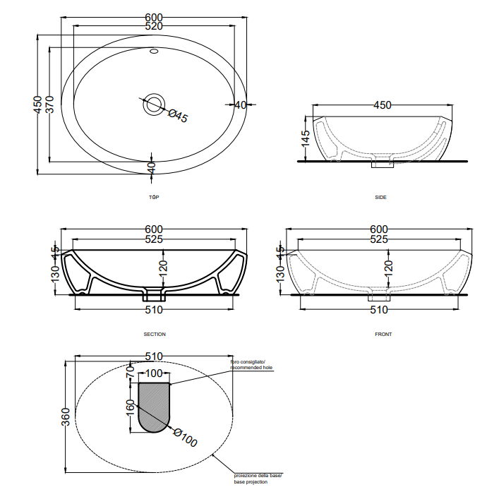 Cielo Fluid Lavabo 60x45 Da Appoggio Senza Foro Con Troppo, vista frontale su sfondo bianco