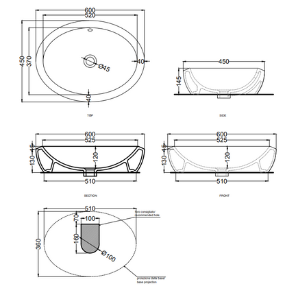 Cielo Fluid Lavabo 60x45 Da Appoggio Senza Foro Con Troppo Pieno bianco Lucido