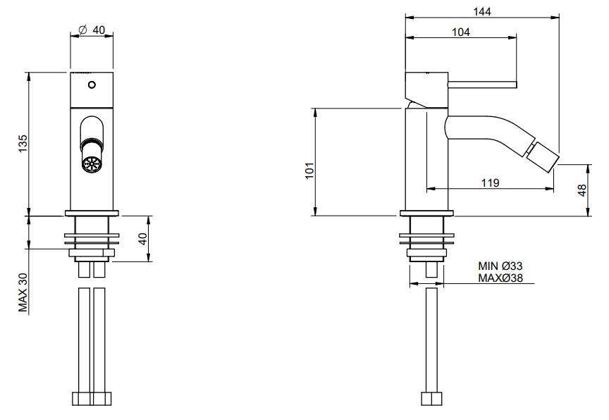 Treemme 40mm IT1322IS40ZZ miscelatore bidet inox satinato Acciaio, vista laterale del profilo - Rubinetterie Treemme