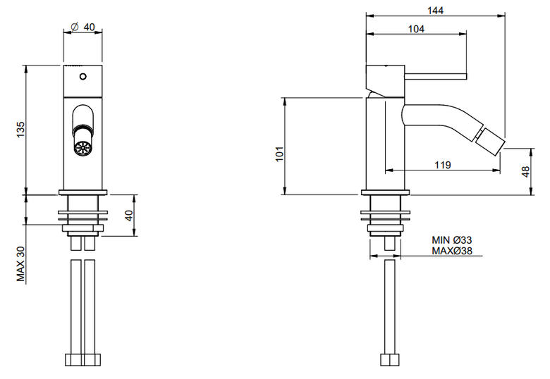 Treemme 40mm IT1322IS40ZZ miscelatore bidet inox satinato Acciaio, vista laterale del profilo - Rubinetterie Treemme