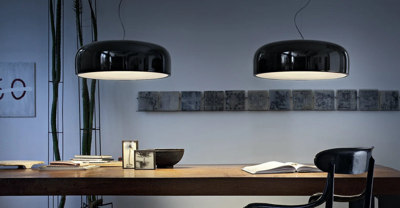 Flos Smithfield Suspension Lampada 60 cm a Sospensione Nero spenta, dettaglio del corpo lampada e dei materiali