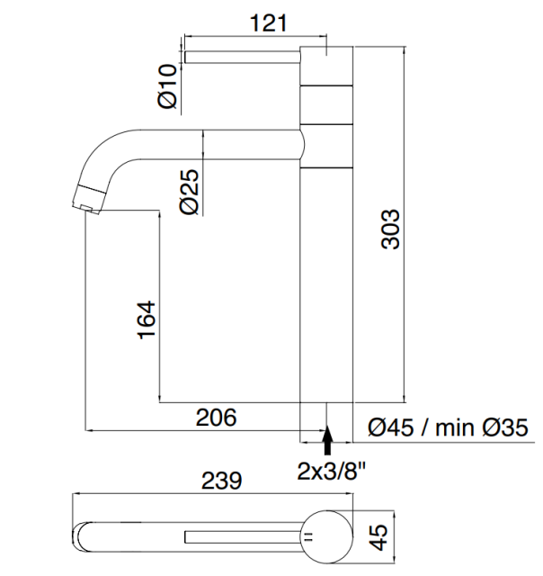 Disegno tecnico con quote di Treemme 40mm IT1331IS40ZZ miscelatore lavello cucina in - Rubinetterie Treemme