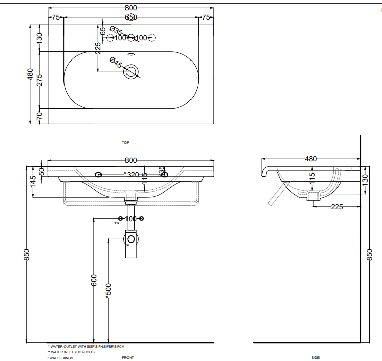 Cielo Fluid Lavabo 80x48 Sospeso Monoforo Con Troppopieno, vista frontale su sfondo bianco