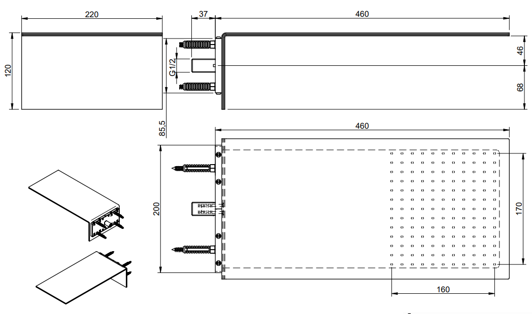 Treemme 3.6 RWIT2847IS02 soffione 46x22 slim a parete in, vista laterale del profilo - Rubinetterie Treemme