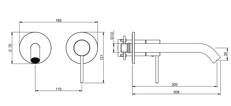 Treemme 40mm miscelatore lavabo a muro 220 mm senza parte Acciaio ambientato su piano bagno con accessori - Rubinetterie...