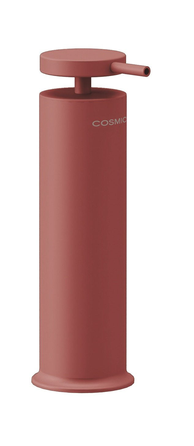 Dispenser da appoggio porta sapone liquido terracotta, dettaglio ravvicinato del materiale e dell'aggancio