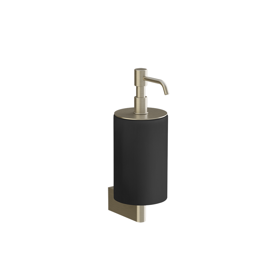 Dispenser porta sapone liquido a muro nero brass brushed montato a parete, vista del design e della finitura