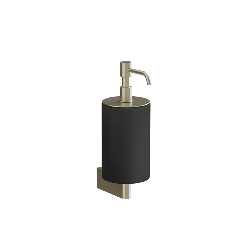 Dispenser porta sapone liquido a muro nero brass brushed montato a parete, vista del design e della finitura