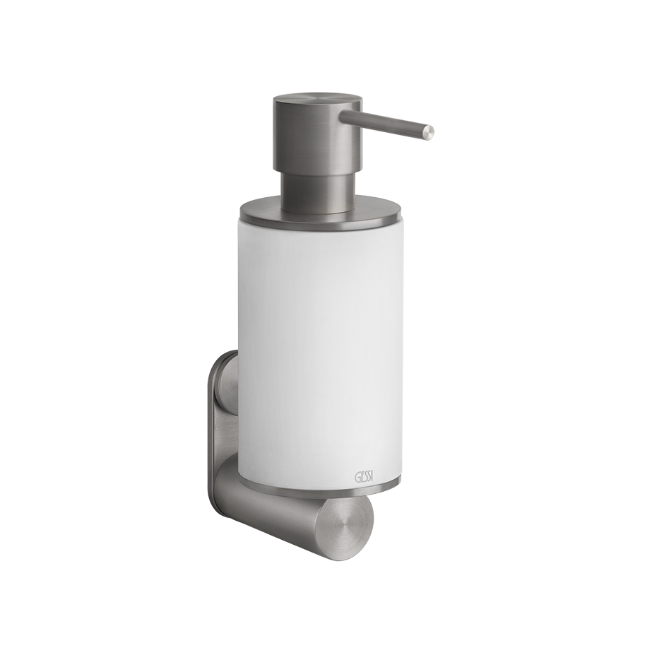 Dispenser porta sapone liquido a parete bianco steel montato a parete, vista del design e della finitura