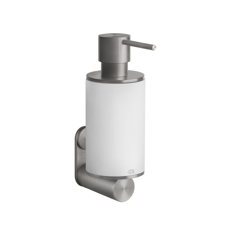 Dispenser porta sapone liquido a parete bianco steel montato a parete, vista del design e della finitura