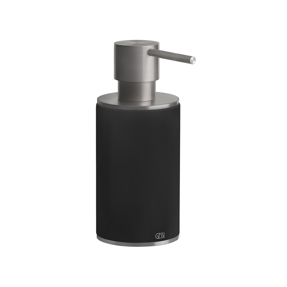 Dispenser porta sapone liquido da appoggio nero steel montato a parete, vista del design e della finitura