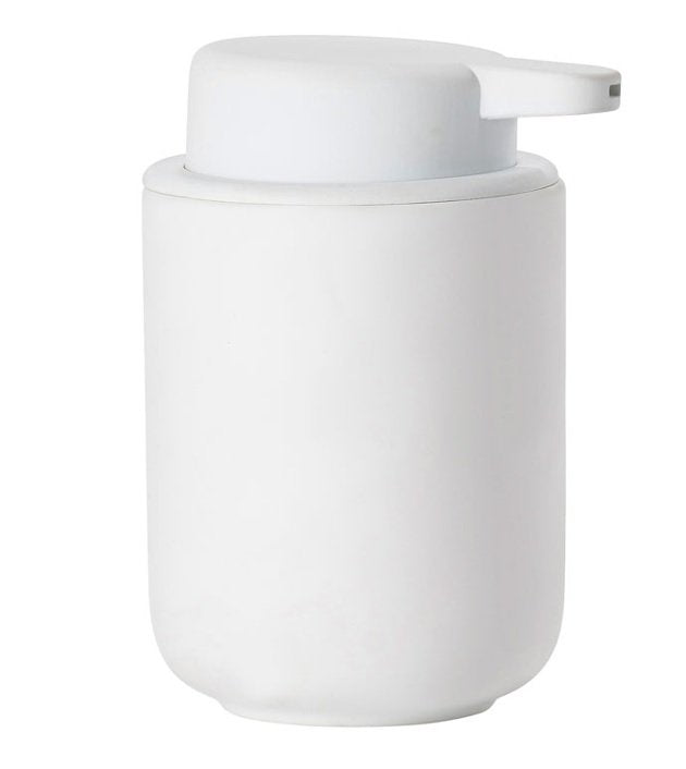 Dispenser sapone in gres e abs soft touch bianco Zone, dettaglio ravvicinato del materiale e dell'aggancio