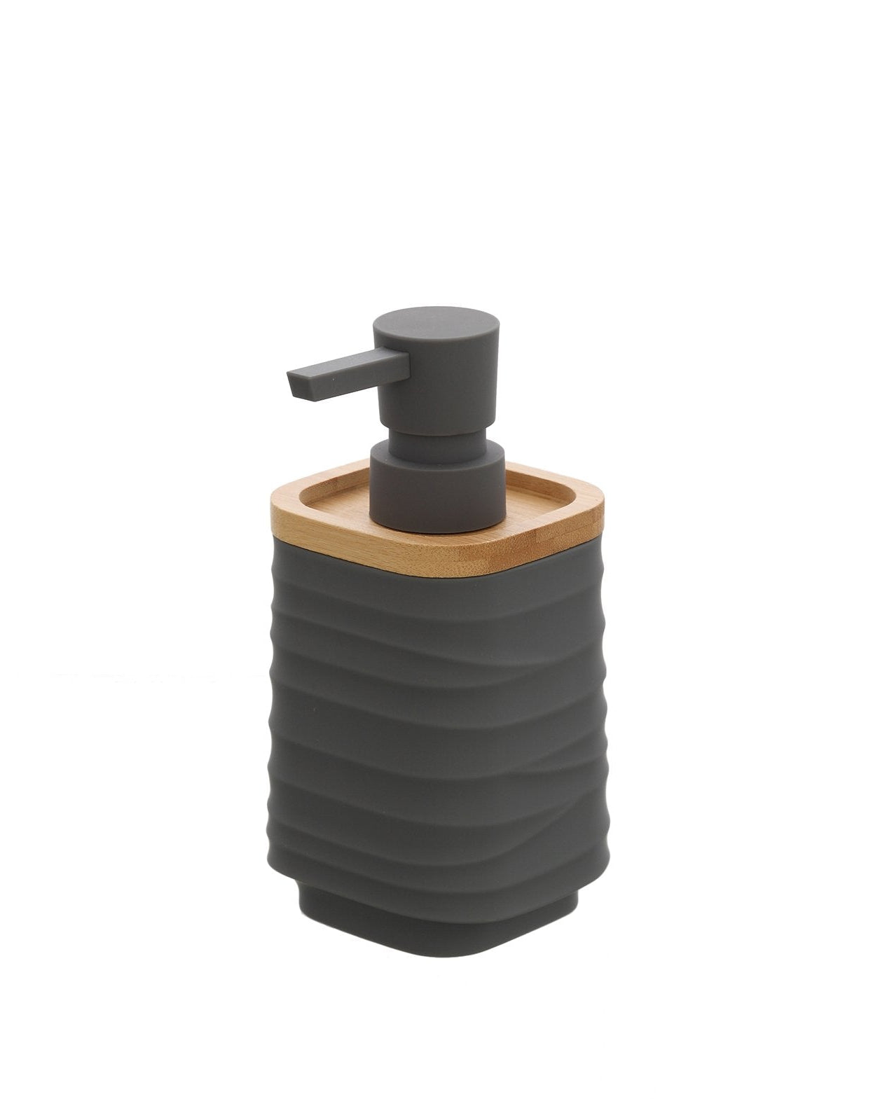 Dispenser sapone in plastica ABS e bamboo grigio Alabama, dettaglio ravvicinato del materiale e dell'aggancio - Exagonshop