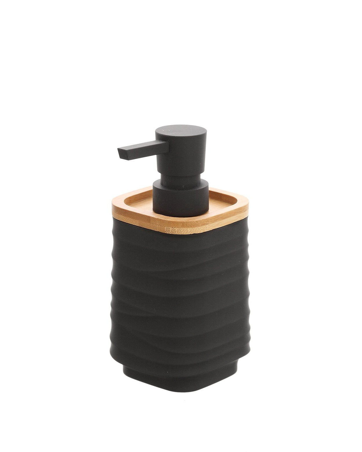 Dispenser sapone in plastica ABS e bamboo nero Alabama, dettaglio ravvicinato del materiale e dell'aggancio - Exagonshop