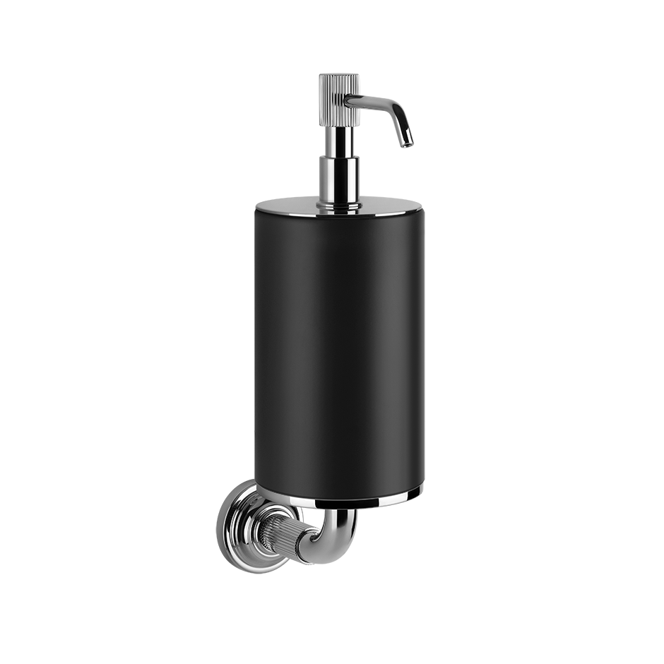 Dispenser sapone liquido a muro nero cromo Venti20 Gessi montato a parete, vista del design e della finitura