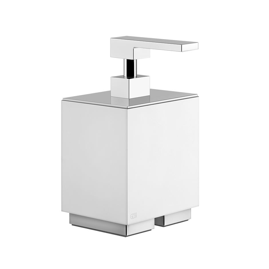 Dispenser sapone liquido bianco cromo Rettangolo Gessi Biancocromo montato a parete, vista del design e della finitura