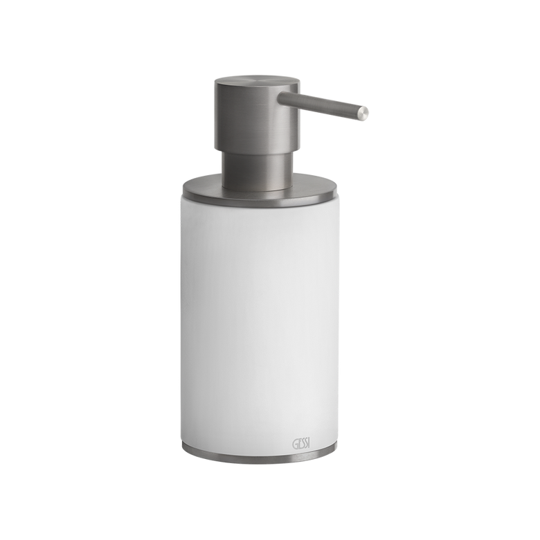 Dispenser sapone liquido da appoggio bianco steel brushed montato a parete, vista del design e della finitura