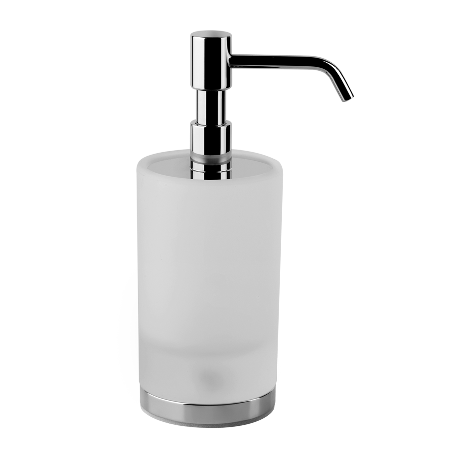 Dispenser sapone liquido da appoggio in vetro satinato Cromo Lucido montato a parete, vista del design e della finitura