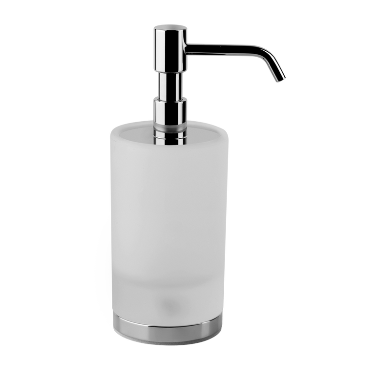 Dispenser sapone liquido da appoggio in vetro satinato Cromo Lucido montato a parete, vista del design e della finitura
