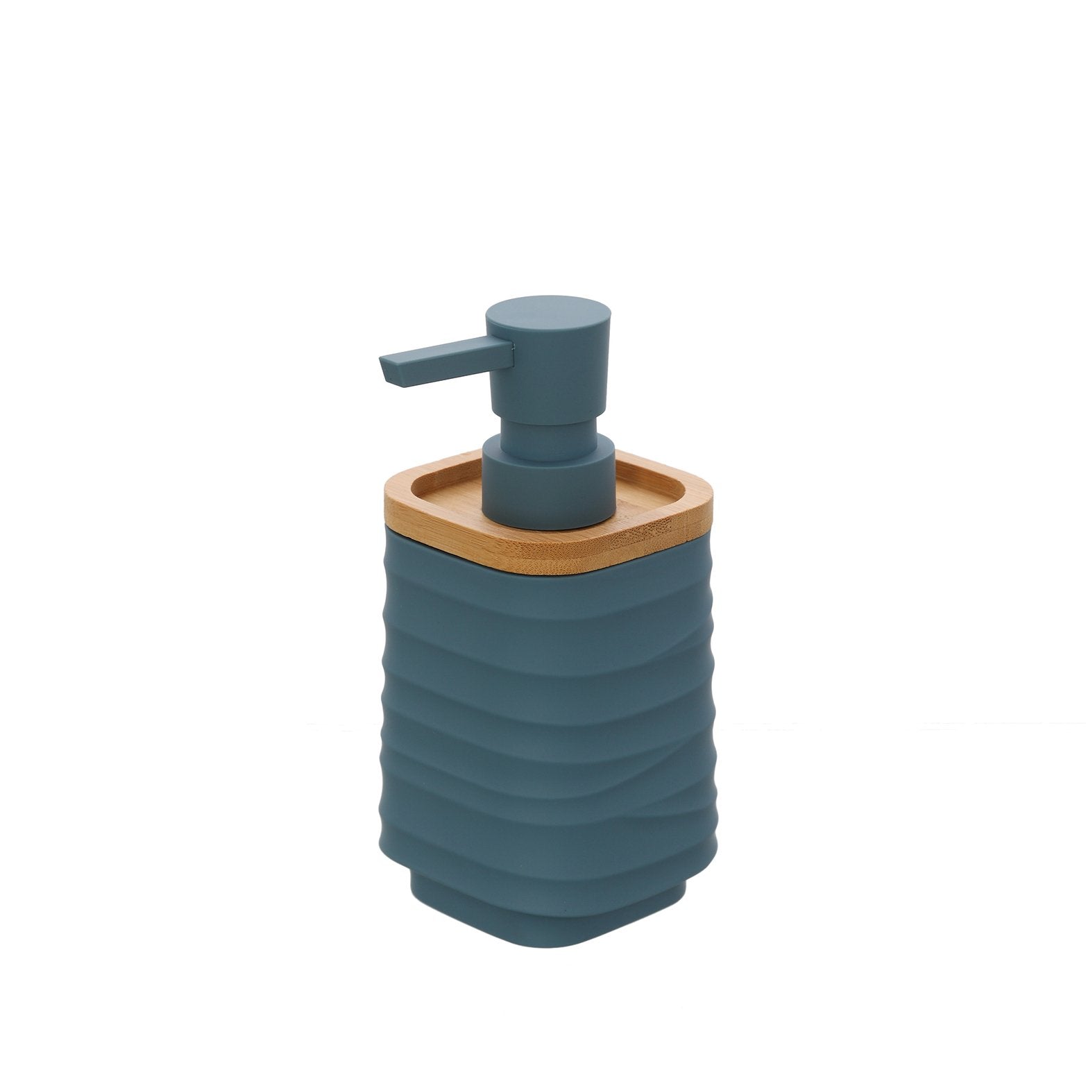 Dispenser sapone liquido in plastica ABS e bamboo blu, dettaglio ravvicinato del materiale e dell'aggancio - Exagonshop