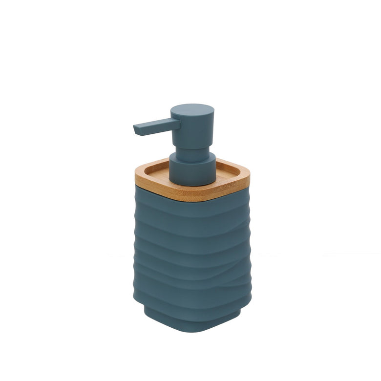 Dispenser sapone liquido in plastica ABS e bamboo blu, dettaglio ravvicinato del materiale e dell'aggancio - Exagonshop
