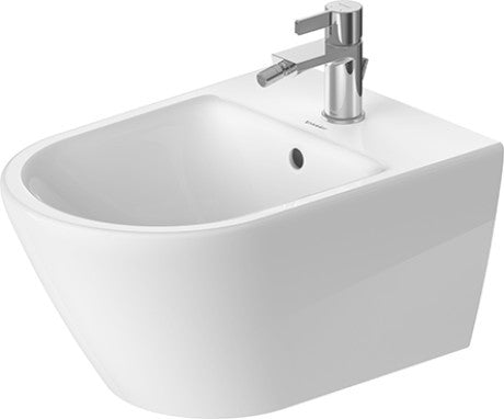 Duravit D-neo coppia Vaso Rimless e Bidet Sospeso Con ambientato su piano bagno con accessori