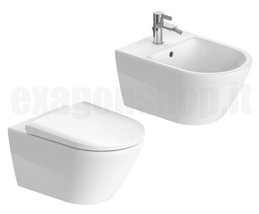 Duravit D-neo coppia Vaso Rimless e Bidet Sospeso Con, vista frontale su sfondo bianco