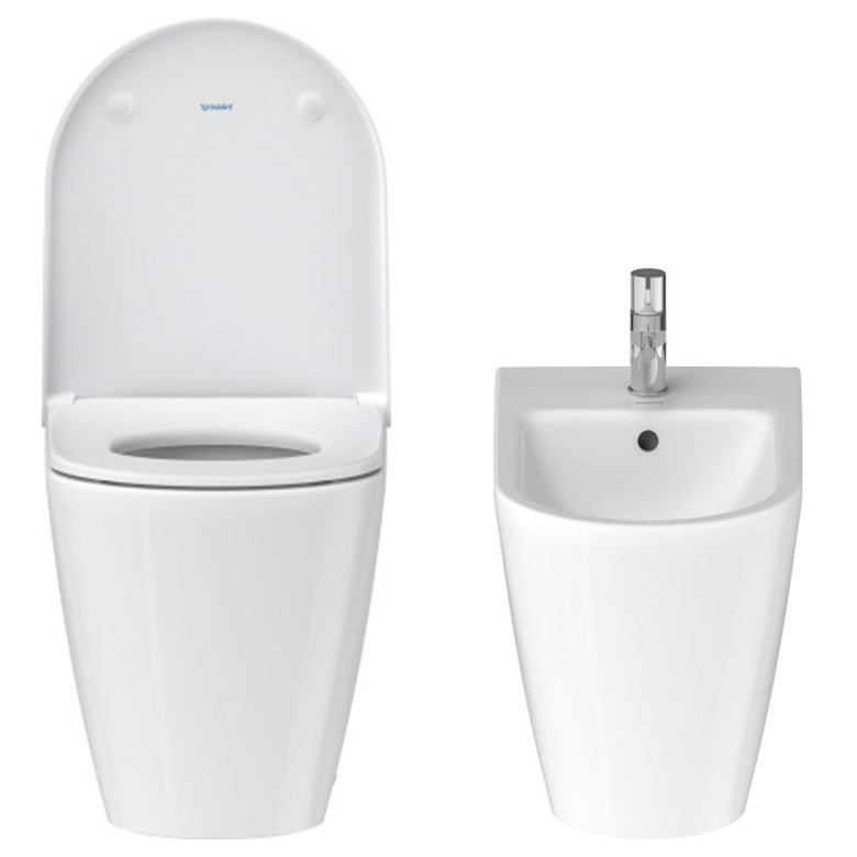 Duravit d-neo coppia sanitari vaso rimless e bidet a ambientato su piano bagno con accessori