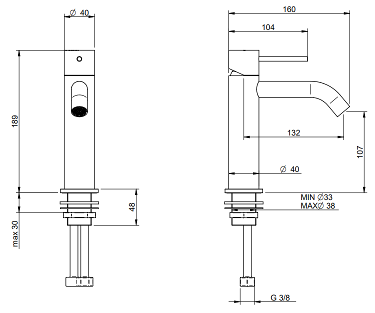Treemme 40 mm miscelatore lavabo 107 mm monocomando inox Acciaio visto dall'alto con scarico e interno visibili...
