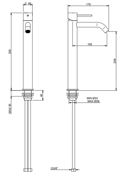 Treemme 40mm miscelatore lavabo alto 258 mm inox satinato IT1318IS40ZZ