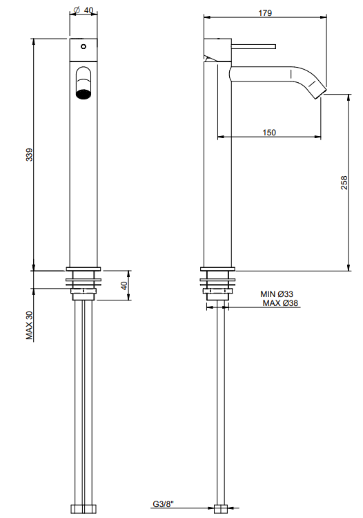 Treemme 40mm miscelatore lavabo alto 258 mm inox satinato Acciaio visto dall'alto con scarico e interno visibili...