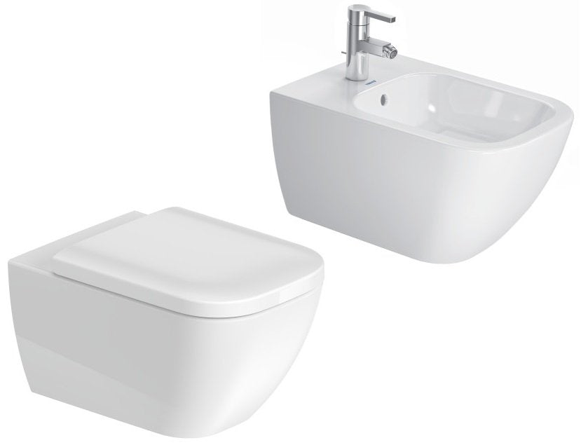 Duravit Happy D2 coppia sanitari sospesi senza brida sedile 00 Bianco, vista frontale su sfondo bianco