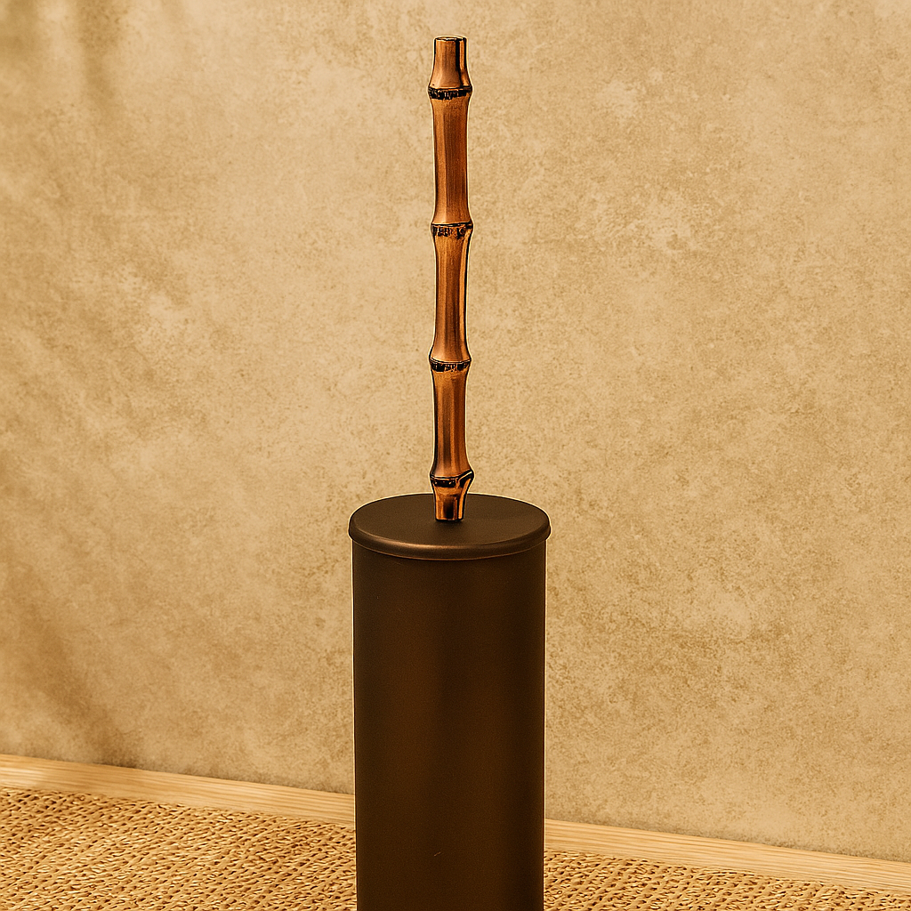 Porta Scopino Rotondo Da Appoggio Industrial Bronze Con Manico In Bamboo Guccio Bertocci