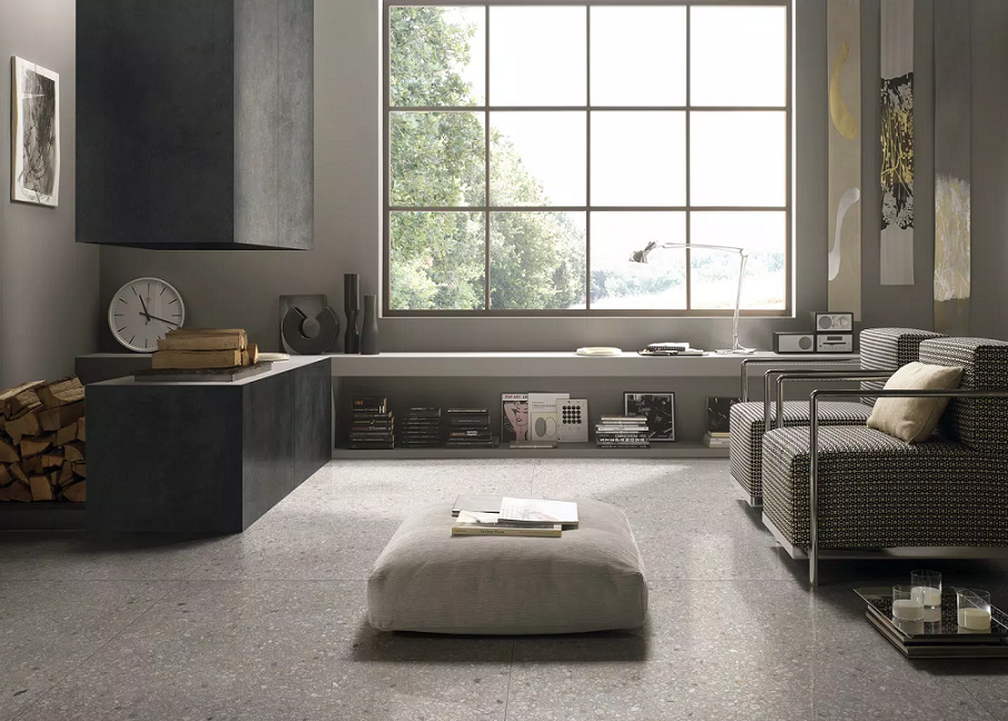 Pavimento rivestimento 120x120 effetto marmo 6mm V3 in gres Gray posata in ambiente arredato, dettaglio della venatura