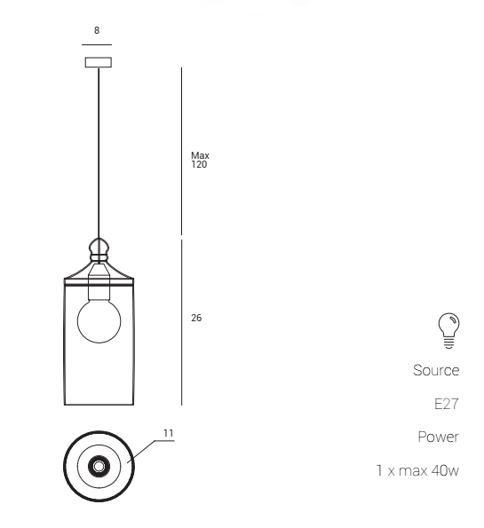 Miloox Ebe Lampada A Sospensione con diffusore in vetro, vista posteriore con attacco elettrico
