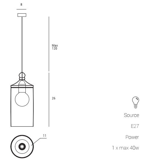 Lampada a Sospensione con diffusore in vetro fume grigio, vista posteriore con attacco elettrico