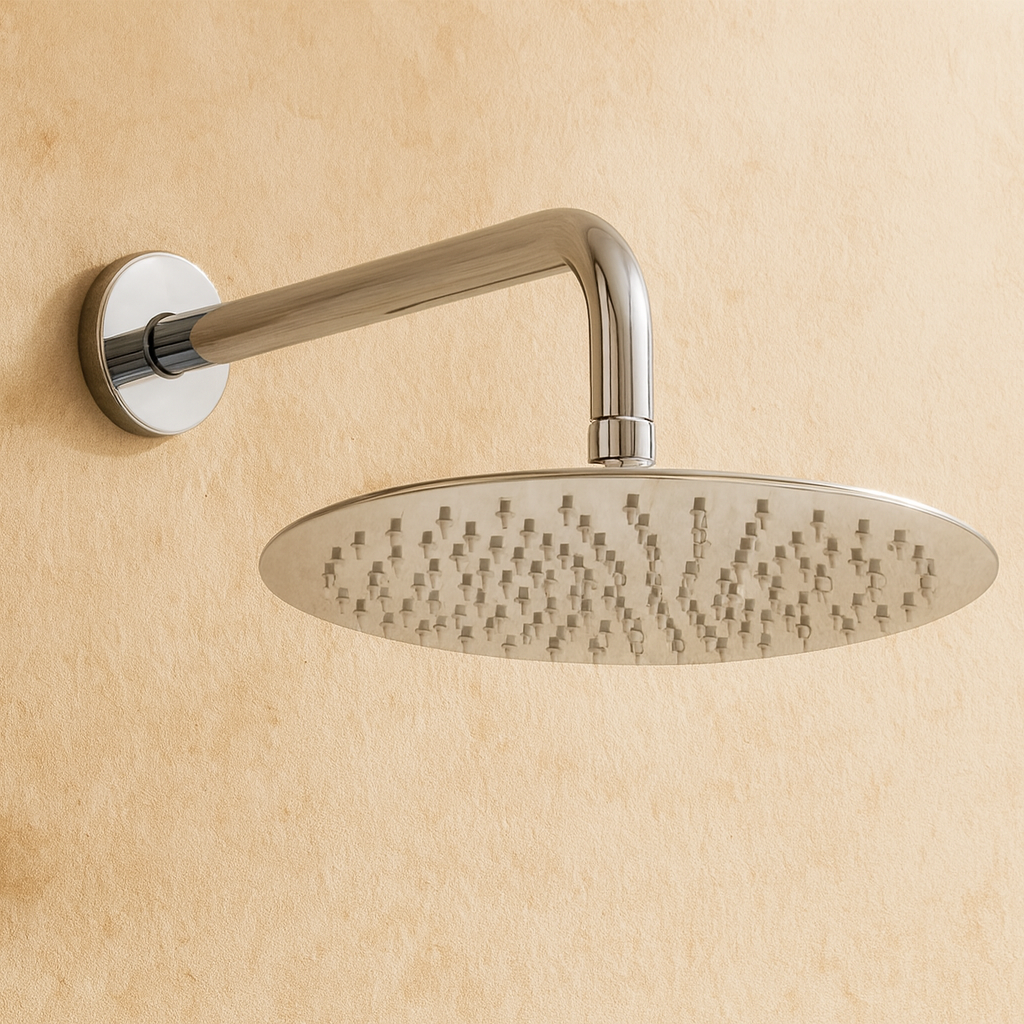 Soffione doccia 25 cm Smart tondo slim con braccio 30 cm Cromo Lucido, vista frontale della maniglia e della bocca di...