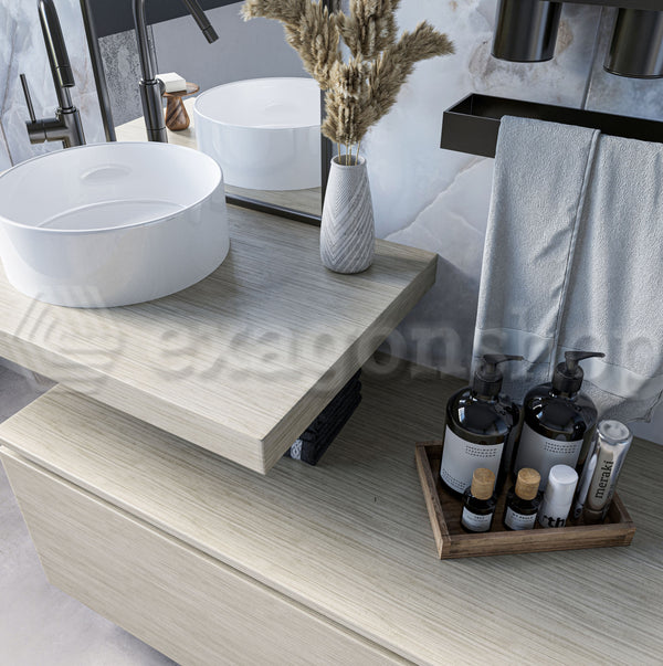 Mobile bagno olmo 90x50 Elsa un cassetto con top effetto legno e lavabo tondo da appoggio
