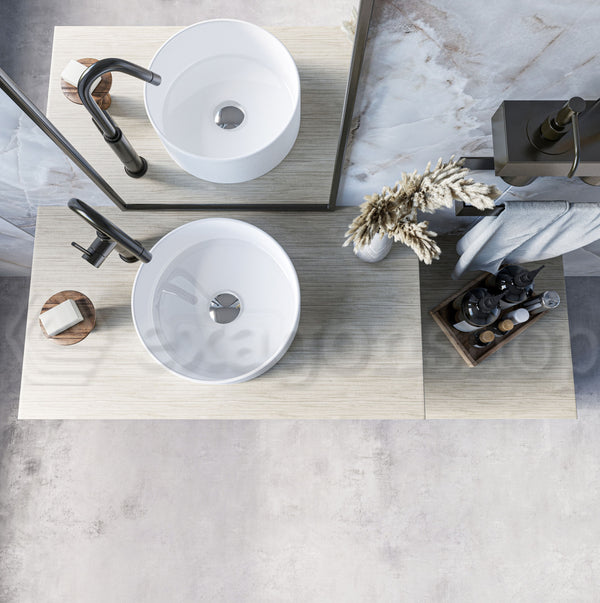 Mobile bagno olmo 90x50 Elsa un cassetto con top effetto legno e lavabo tondo da appoggio