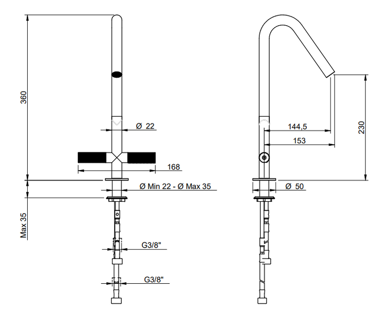 Disegno tecnico con quote di Treeemme 22mm IT6031IS2GZZ miscelatore lavello monoforo in - Rubinetterie Treemme