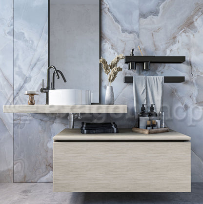 Mobile bagno olmo 90x50 Elsa un cassetto con top effetto legno e lavabo tondo da appoggio
